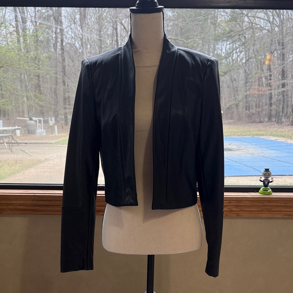 Calvin Klein Black Cropped Open-Front Leather Jacket